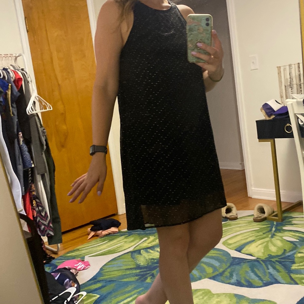 Black tank midi dress with sheer overlay with gold stones